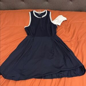 Navy Sleeveless Fit-and-Flare Dress with Contrast Trim